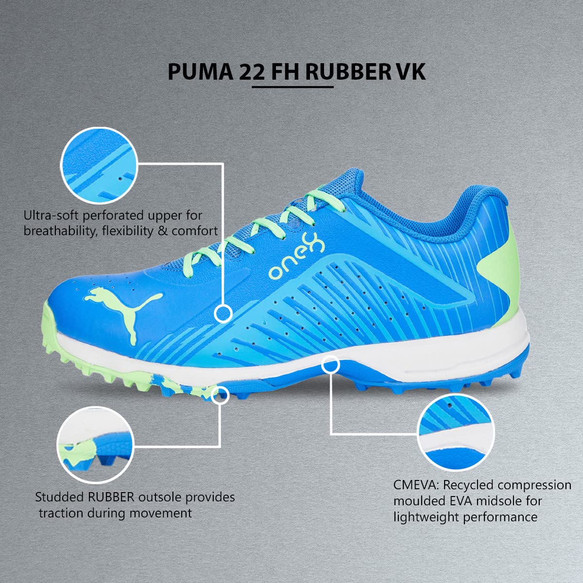 PUMA 22 FH Rubber Unisex Cricket Shoes - Bluemazing Elektro-Green White - Image 6