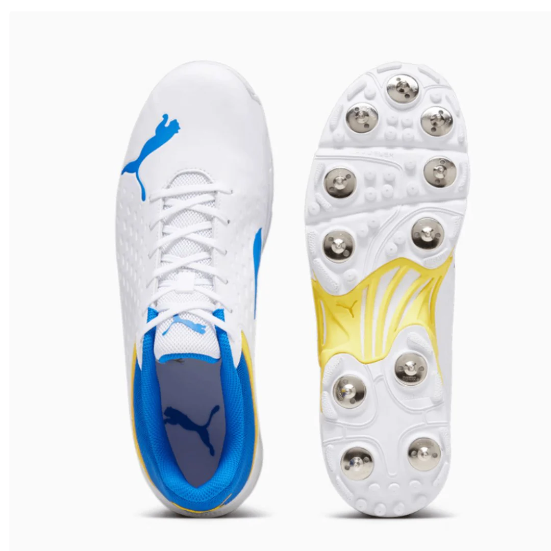 PUMA Spike 22.2 White-Yellow-Blaze Blue Men's Cricket Shoes - Image 4